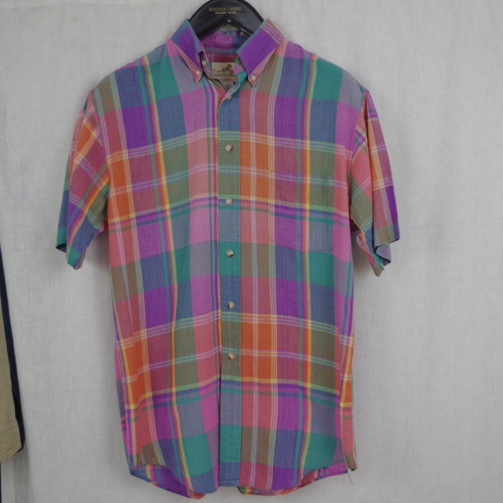 2 USA Made EMS Short Sleeve Madras Plaid Cotton Button Down Collared Shirts - Picture 6 of 12